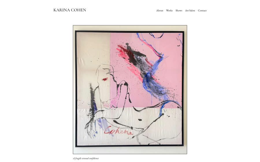 Karina Cohen artist website home page: a single framed abstract figure painting in pink, blue and black