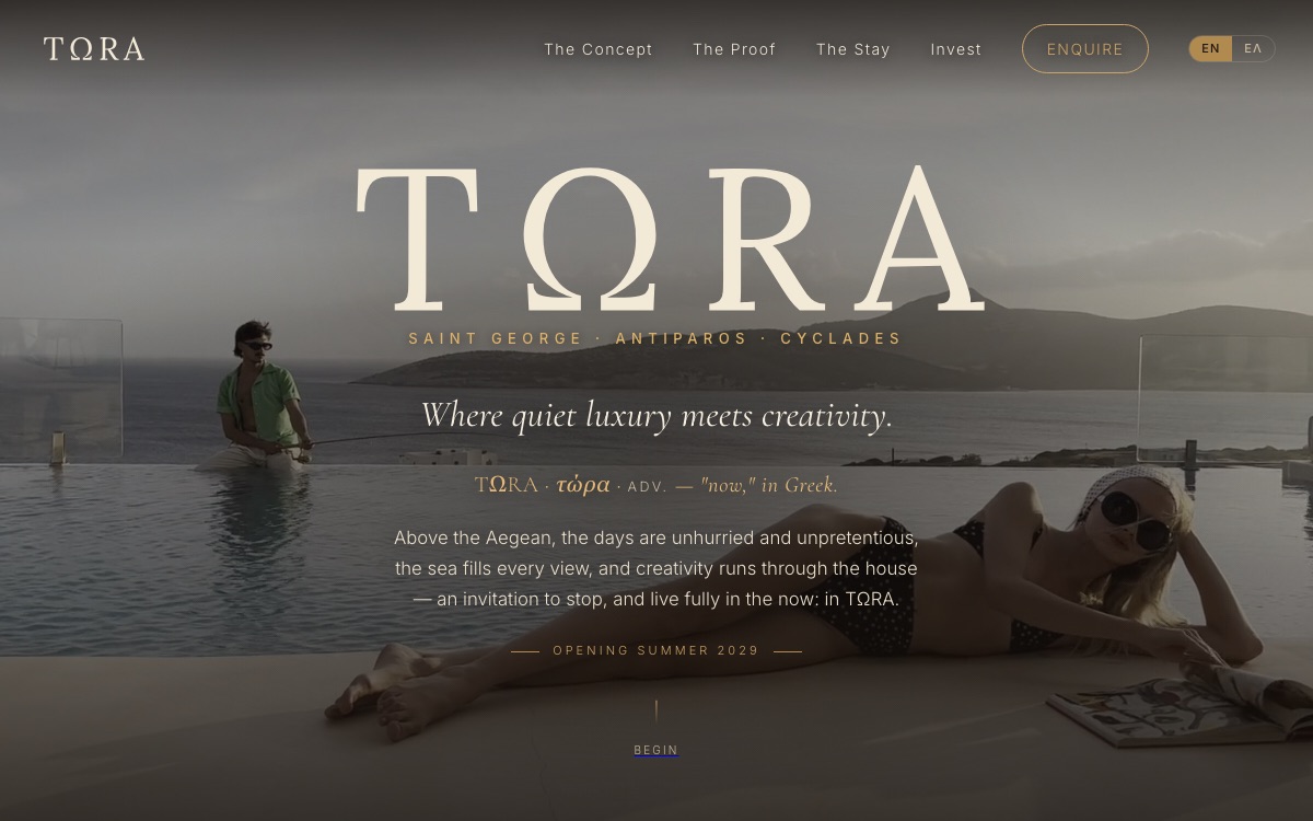 Tora brand site hero: an infinity pool above the sea, two people and the Tora wordmark